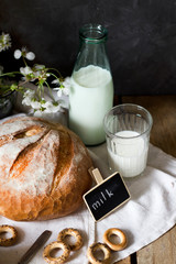 Still life with bread and milk, country breakfast