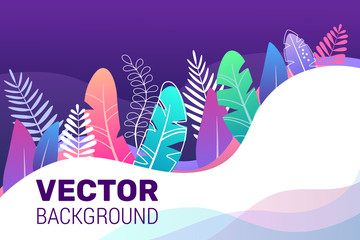 Illustration in trendy flat style on dark blue background and bright gradient colors - background with space for text. Space plants, leaves in blue tones. For banner, greeting card, poster