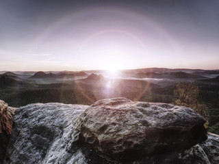 Hiking Path Uphill in Mountains.  Flares in camera lens from Sun