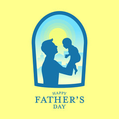 Happy father's day banner with Silhouette father carrying a baby in window view and yellow background vector design