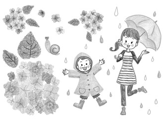 parent and child with hydrangea monochrome illustration
