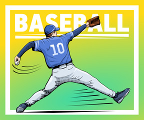 Vector illustration of a baseball player throwing the ball. Beautiful sport themed poster. Abstract background, summer sports, team game, baseball pitcher