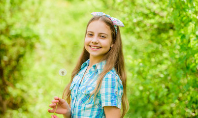 Girl rustic style making wish and blowing dandelion nature background. Why people wish on dandelions. Celebrating summer. Dandelion full symbolism. Summertime fun. Folklore beliefs about dandelion