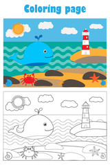 Whale and lighthouse in cartoon style, summer coloring page, education paper game for the development of children, kids preschool activity, printable worksheet, vector illustration