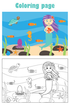 Mermaid under water in cartoon style, summer coloring page, education paper game for the development of children, kids preschool activity, printable worksheet, vector illustration