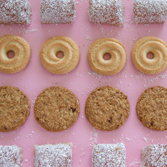 Mixed cookies background. Dough pastry themed. Still life food photography.