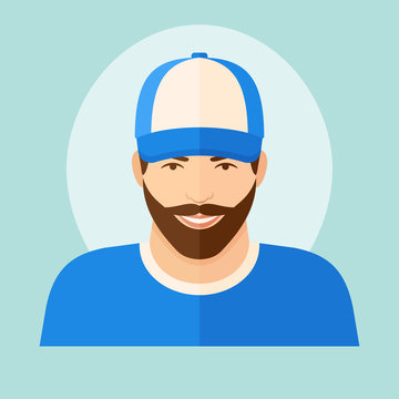 Man with beard in baseball cap flat style icon. Vector illustration.