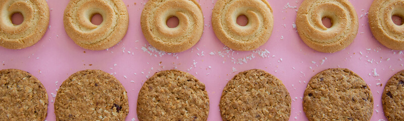 Mixed cookies background. Dough pastry themed. Still life food photography.