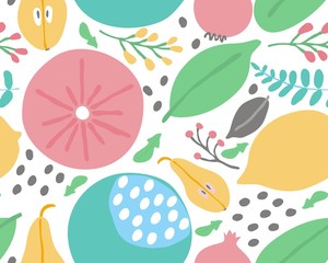 Colorful summer seamless pattern with fruits , berry, leaves. Vector illustration