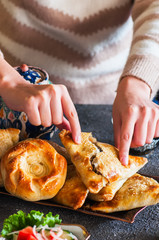 Traditional eastern pastry - samsa filled with meat.