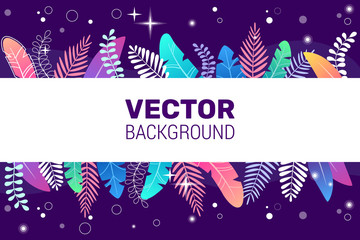 Horizontal vector banner in trendy stylish flat style on dark blue background and bright gradient colors - background with white space for text. Space plants, leaves in blue tones. For greeting card