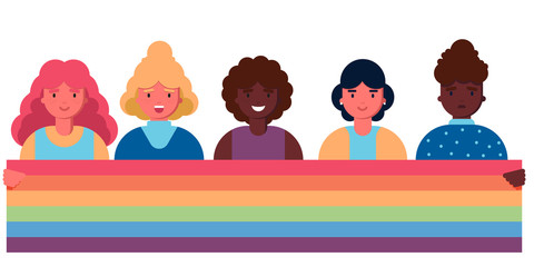 Collection of girl and women holding lgbt rainbow flag. Crowd of people taking part in pride parade. women at street demonstration for LGBT rights. Group of lesbian, bisexual, transgender activists. © Юлия Ащеулова