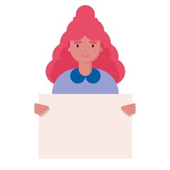 smiling cartoon character caucasian young woman holding clean placard. portrait avatar with female . Vector illustration in flat style. Feminism, no racism, activist. We are women