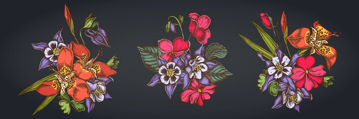 Flower bouquet of impatiens, tigridia, aquilegia