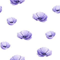 Seamless pattern of watercolor purple anemones. Isolated hand painted flowers on white perfect for card making, wallpaper, vintage design and fabric textile. Illustration