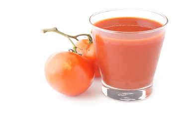 fresh tomatoes and Tomato juice and isolated on white background