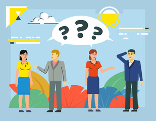 People think, brainstorm, confused. People communicate, chat, talk, question marks above head. Poster for social media, web page, banner, presentation. Flat design vector illustration