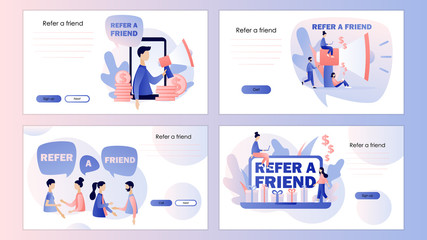  Refer a friend concept. Screen template for mobile smart phone, landing page, template, ui, web, mobile app, poster, banner, flyer. Flat style. Vector illustration