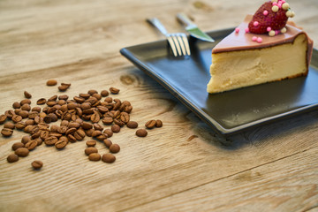Coffee, cheesecake and cofee beans