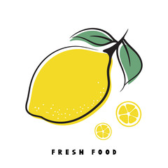 Card of hand drawn lemon fruit and text – Fresh food.