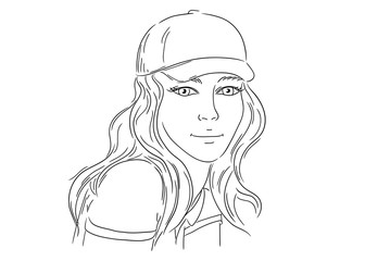 black and white drawing of a young woman wearing a basecap and poloshirt