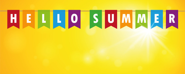 hello summer party flags banner on yellow sunny background vector illustration EPS10 © krissikunterbunt