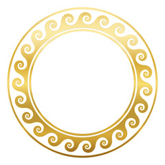 Round golden frame with spirals or waves, seamless greek pattern. Decorative antique border, repeated geometric motif. Isolated vector on white background.