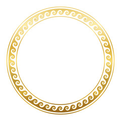 Circle frame with golden spirals or horns, seamless greek pattern. Decorative border, constructed from continuous lines, shaped into a repeated motif. White background.