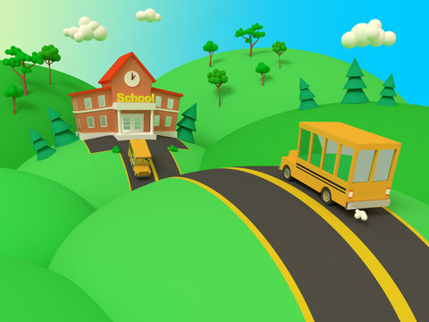 School building and yellow bus with green summer beautiful landscape. Back to school. Volumetric style illustration. 3D render..