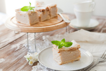 Balkan cremschnitte pie. Croatian cake krempita, slice of puff dough with cream