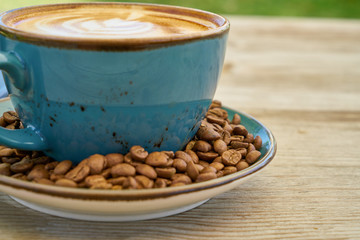 Latte coffee and coffee beans