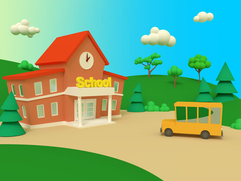 School building and yellow bus with green summer beautiful landscape. Back to school. Volumetric style illustration. 3D render..
