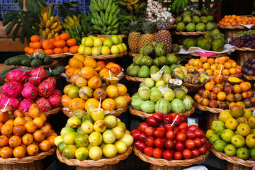 Various tropical fruits in Funchail marketplace in Madeira