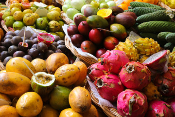 Various tropical fruits in Funchail marketplace Portugal