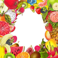 Organic fruit frame ,juicy fruits collection,hand drawn frame of sweet healthy fruits