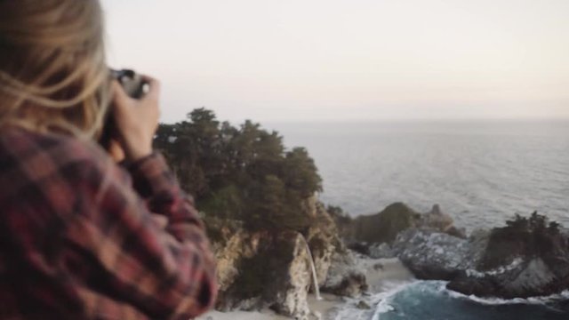 Attractive Travel Woman Taking Photos California Coast Hwy 1