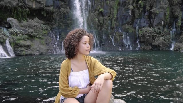Beautiful Young Woman Peaceful Tropical Waterfall Scene