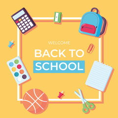 Back to school information card set. Student template of flyear, magazines, posters, book cover, banners. Calculator, scissors, notebook, backpack, watercolor, ball, pin. Office and student items