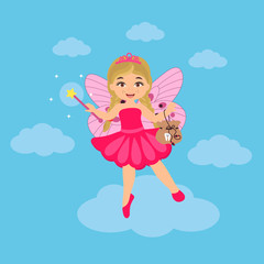Cute tooth fairy girl with magic wand , cartoon character.  Dental medicine hygiene. Vector illustration