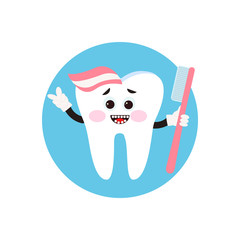 Cute tooth with toothbrush, cartoon character. Oral dental hygien. Vector illustration on a white background.