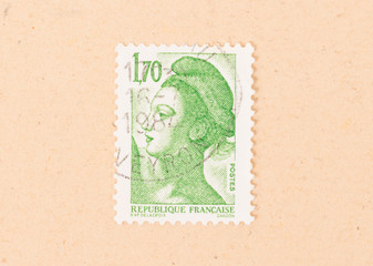 FRANCE - CIRCA 1980: A stamp printed in France shows portrait of a woman, known as Liberty, after Eugene Delacroix, circa 1980