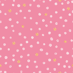 White and gold tiny textured circles seamless pattern - glitter dots, pink background, Great for Valentines Day or wedding invitations, cards, backgrounds, gifts, packaging design projects. 