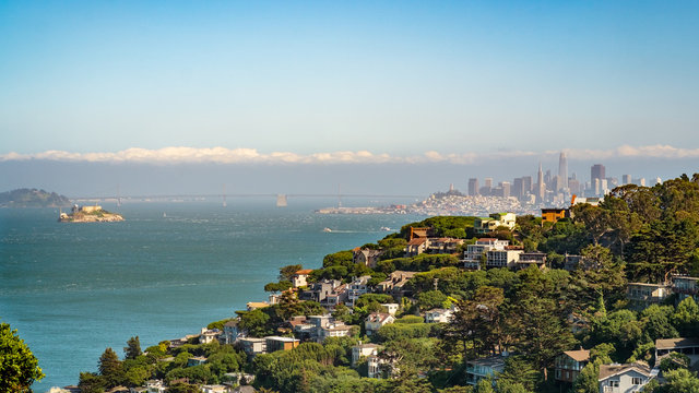 Sausalito hillside with financial district of San Francisco on the background and Alcatraz island on the left. San Francisco bay, California, USA.