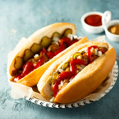 Homemade hot dogs with pickles