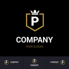 Illustration of Shield Badge-Shape with letter P in the Middle and Luxury Crown. Logo Icon Template for Web and Business Card, Letter Logo Template on Black Background