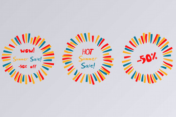 Three summer advertising promotional sale banners with colorful lines circles and titles. Vector discount and sale banner or badge. Summertime and hot labels