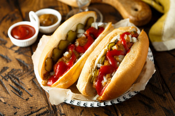 Homemade hot dogs with pickles