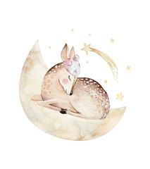 Cute dreaming cartoon deer animal hand drawn watercolor illustration. Sleeping charecher kids nursery wear fashion design, baby shower invitation card.