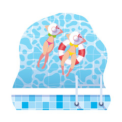 girls with swimsuit and lifeguard float in water