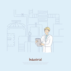 Factory supervisor in white coat studying report, chief engineer analyzing manufacturing statistics banner